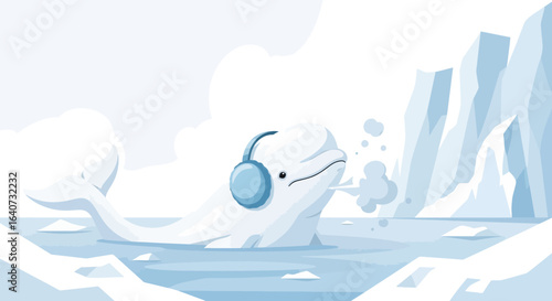 Cartoon beluga whale wearing earmuffs in a cold arctic landscape illustration