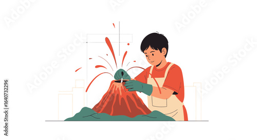 Boy Doing Science Experiment with Volcano in Laboratory Setting Illustration