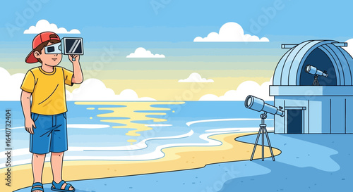 Cartoon boy wearing solar eclipse glasses, looking at the sea with observatory