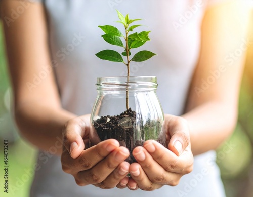 Hands gently cradle a glass jar containing a young plant growing from soil, symbolizing new life and growth.