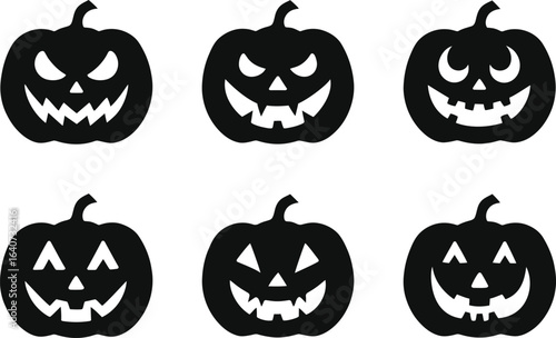 Scary Halloween Pumpkin Silhouette Collection, Evil Jack O Lantern Faces Vector