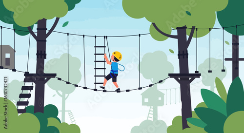 Boy Enjoying An Adventure Park Ropes Course Experience In The Forest