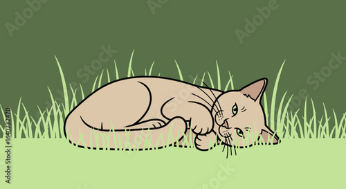 Cartoon Cat Nap Time Illustration In Nature Scene Sleeping On Green Grass