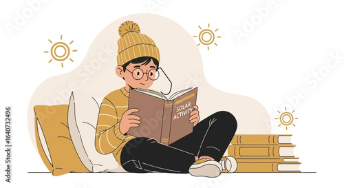 Boy Enjoying Reading About Solar Activity With Winter Outfit And Pile Books