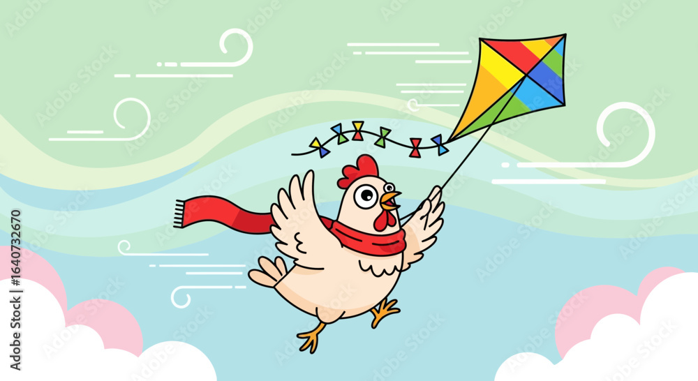 Fototapeta premium Cartoon chicken flying a colorful kite in a whimsical sky with clouds and wind currents