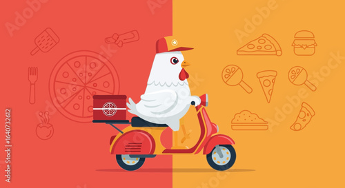 Cartoon Chicken Delivering Pizza On Scooter For Fast Food Restaurant Concept
