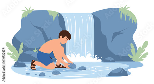 Boy exploring nature near a waterfall creating dam on a beautiful day vector illustration summer adventure and exploration of nature