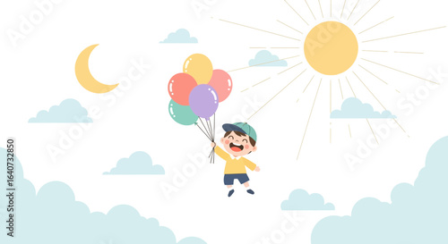 Boy Flying With Balloons Between The Sun And The Moon Illustration