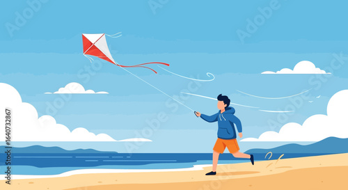 Boy flying kite on the beach vector illustration on a sunny day showing freedom and recreation with beautiful cloudscape and turquoise ocean