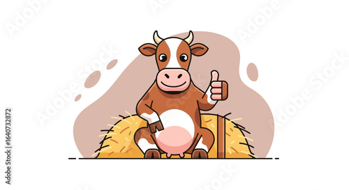 Cartoon Cow Giving Thumbs Up on Hay Bale, Suitable for Children's Illustration