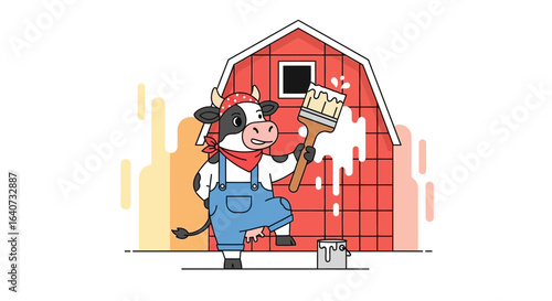 Cartoon Cow Painting a Red Barn: A Whimsical Farm Life Illustration in Details