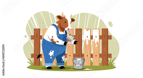 Cartoon Cow Painting Fence Humorous Animal Character Vector Illustration