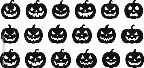 Halloween Pumpkin Silhouette Faces, Spooky Jack O Lantern Vector Collection
