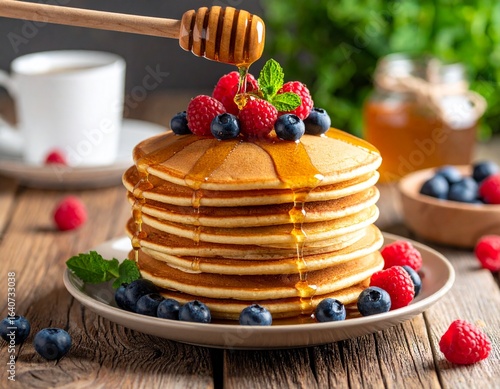 A tall stack of fluffy pancakes topped with fresh berries is drizzled with golden honey.