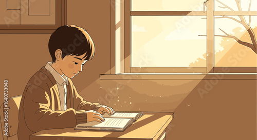 Boy Immersed In A Book With Warm Sunlight Streaming Through The Window