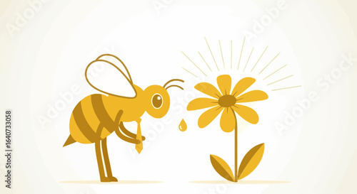 Cartoon depiction of a bee collecting nectar from a yellow flower in bright sunshine happy mood and concept art with minimalistic design