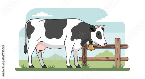 Cartoon dairy cow standing near wooden fence in pasture landscape vector illustration