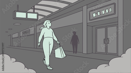 A person with a shopping bag walks down a modern minimalist hallway with shops and a shadowy figure in the background