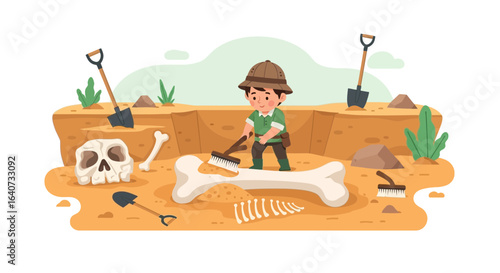 Cartoon depiction of a child archaeologist discovering prehistoric artifacts during excavation