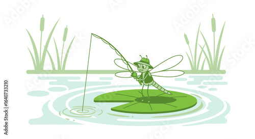 Cartoon dragonfly fishing on a lily pad, charming illustration of a whimsical insect enjoying a leisurely day by the water