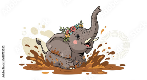 Cartoon Elephant Enjoying Mud Bath Adorned With Floral Crown Illustration