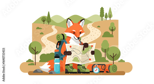 Cartoon fox explores the wilderness with a map and hiking gear ready for adventure