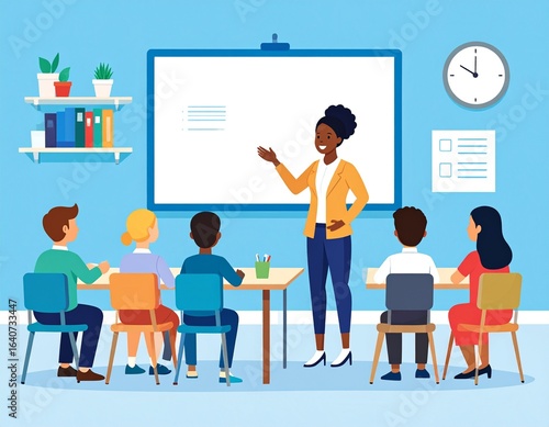 A diverse group of young students attentively listen to their teacher as she instructs them in a bright, modern classroom setting with a whiteboard and clock.