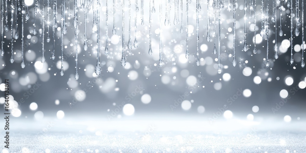 Fototapeta premium A shimmering background with hanging droplets and soft bokeh effects, creating a magical, wintry atmosphere.