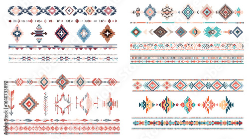 Vibrant bohemian tribal border patterns in geometric shapes and colorful tones, perfect for ethnic-inspired decorative, textile, and craft design projects.
