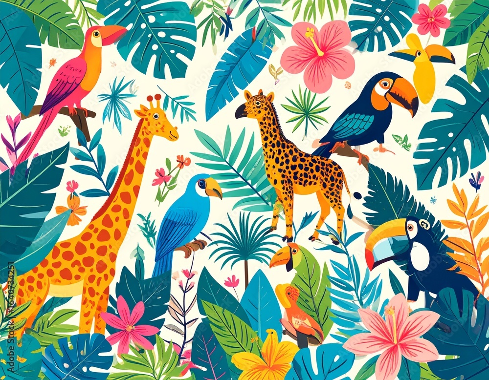 Obraz premium Colorful illustration featuring giraffes, toucans, and parrots amidst vibrant tropical foliage, including leaves, flowers, and bananas, creating a lively jungle scene.