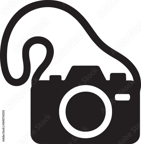 Camera with strap silhouette icon in vector EPS format. Photography, media, and visual arts theme graphic design.