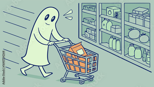 A friendly cartoon ghost happily pushes a shopping cart filled with groceries down an aisle in a brightly lit supermarket