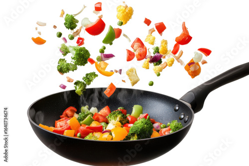 Colorful vegetables falling into a black frying pan during a cooking session in the kitchen