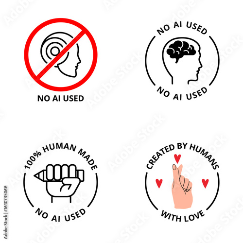 No AI used, 100% human made, created by humans logo. Icons set against artificial intelligence.