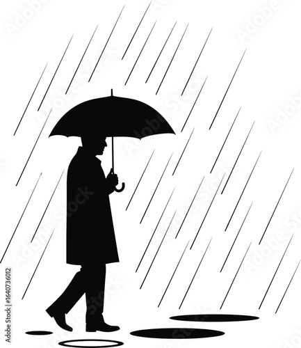 A man with an umbrella walks in the rain, a silhouette in black and white