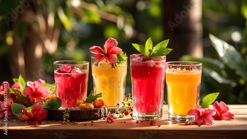 Wallpaper Mural Colorful tropical drinks garnished with flowers and mint leaves on a wooden table in a lush, green setting. Torontodigital.ca