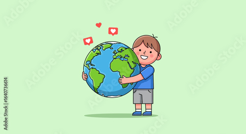 Cartoon illustration of a boy hugging planet earth with love icons surrounding showing love and care for the world