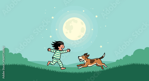 Cartoon illustration of a child in pajamas running to a dog under moonlight and stars expressing happiness and affection in a serene night landscape