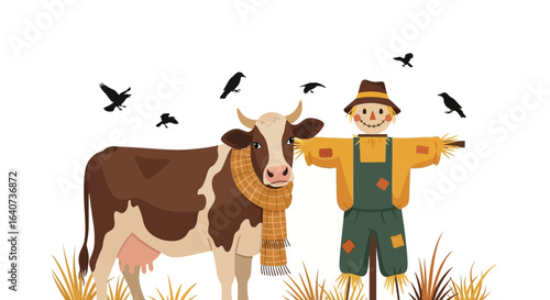Cartoon Illustration of a Cow with Scarf and Scarecrow in a Field with Crows Illustration