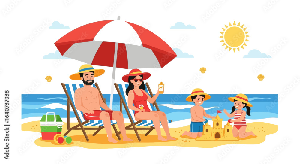 Fototapeta premium Cartoon illustration of a happy family enjoying a summer vacation at the beach with sandcastles and sunshine