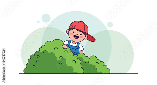 Cartoon illustration of a happy boy wearing a red cap playing hide and seek with green bushes in a playful garden setting