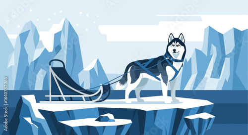 Cartoon illustration of a husky dog pulling a sled across a snowy landscape with icebergs background