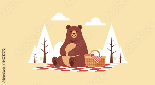 Cheerful Bear Enjoying Peaceful Picnic In Forest Illustration On Checkered Blanket