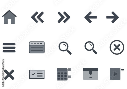 Collection of flat design icons for web and mobile applications with a gray color palette