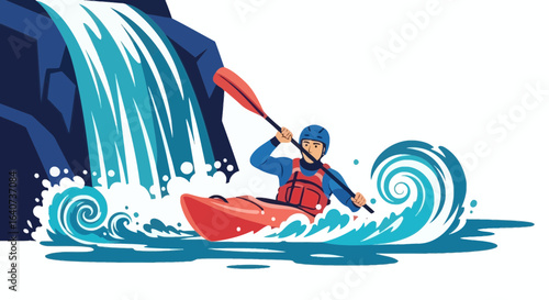 Cartoon illustration of a kayaker paddling near a waterfall with dynamic waves showcasing adventure and outdoor activities