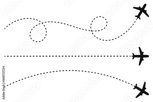 Three airplanes flying on dashed lines showing flight paths with different trajectories