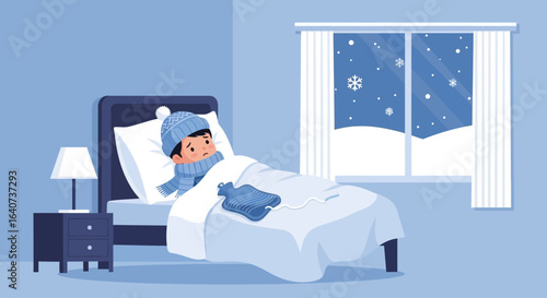 Cartoon illustration of a sick child in bed during a snowy winter day indoors illustration showcasing illness and home care during winter