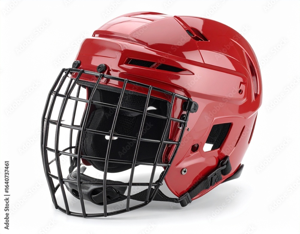 Fototapeta premium Red Hockey Helmet with a Face Cage on white background