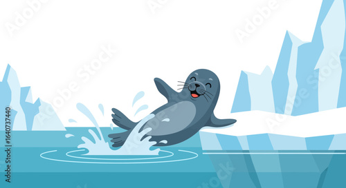 Cheerful cartoon seal enjoying a splash in icy waters surrounded by glaciers in winter
