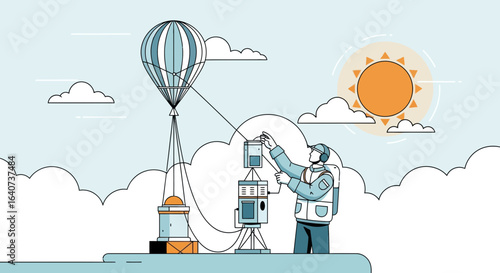 Cartoon illustration of an engineer conducting atmospheric measurements using a balloon and equipment in a bright sunny sky